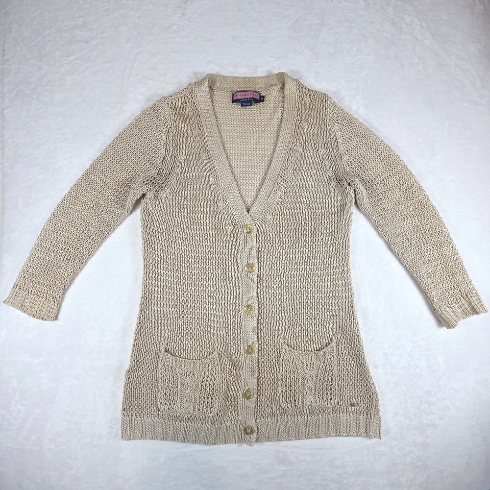 Vineyard Vines Cardigan Sweater Womens Medium Beige Loose Knit Costal Lagenlook